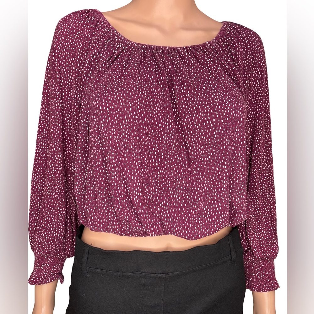 Express One Eleven Maroon Scoop Neck Smocked Band Hem Blouse with White Dots XS
